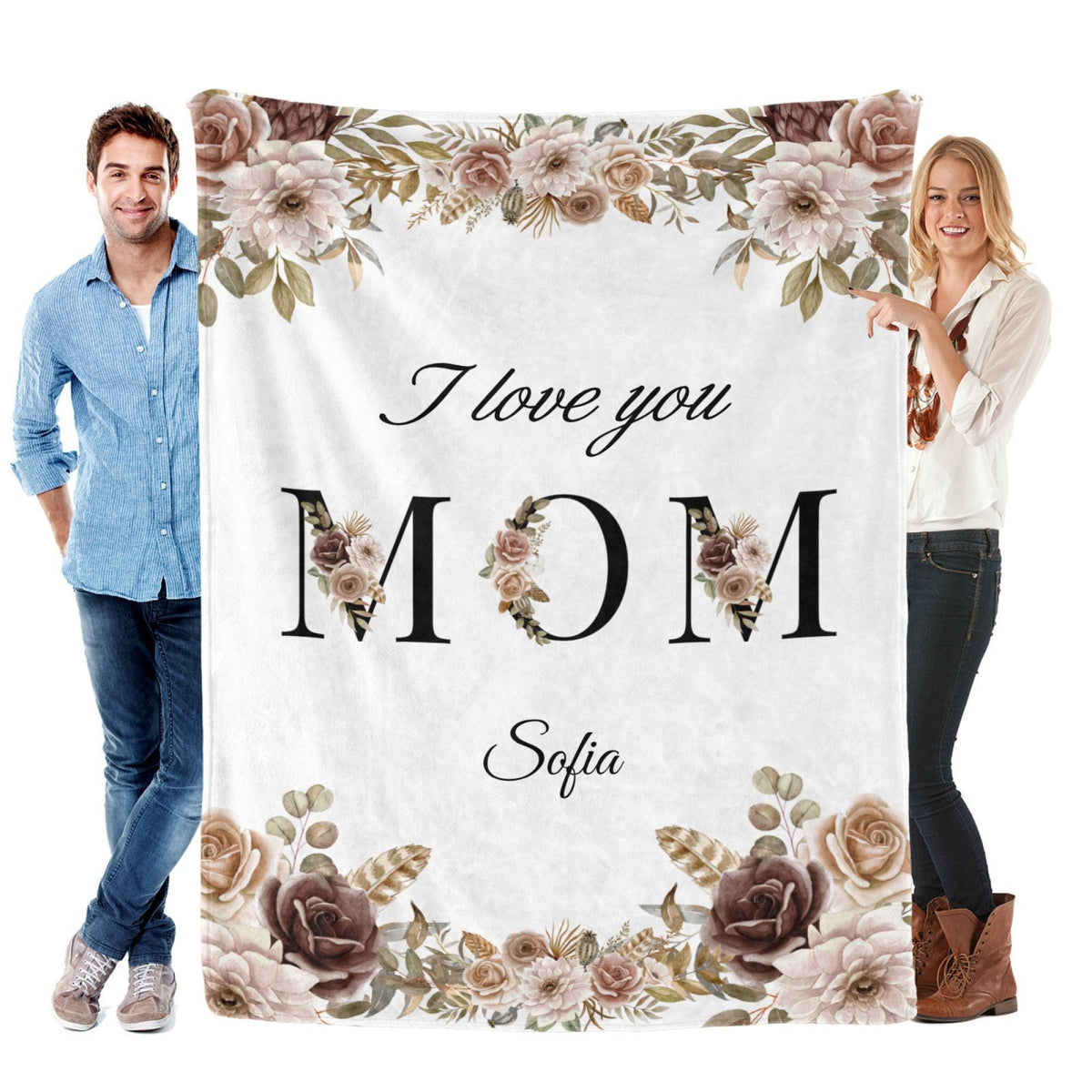Mom Personalized Flannel Blanket, Custom Name Mom Blanket, Mother s Day Gift for Mom, Cozy Floral Blanket, Birthday Gift for Mom from Kids