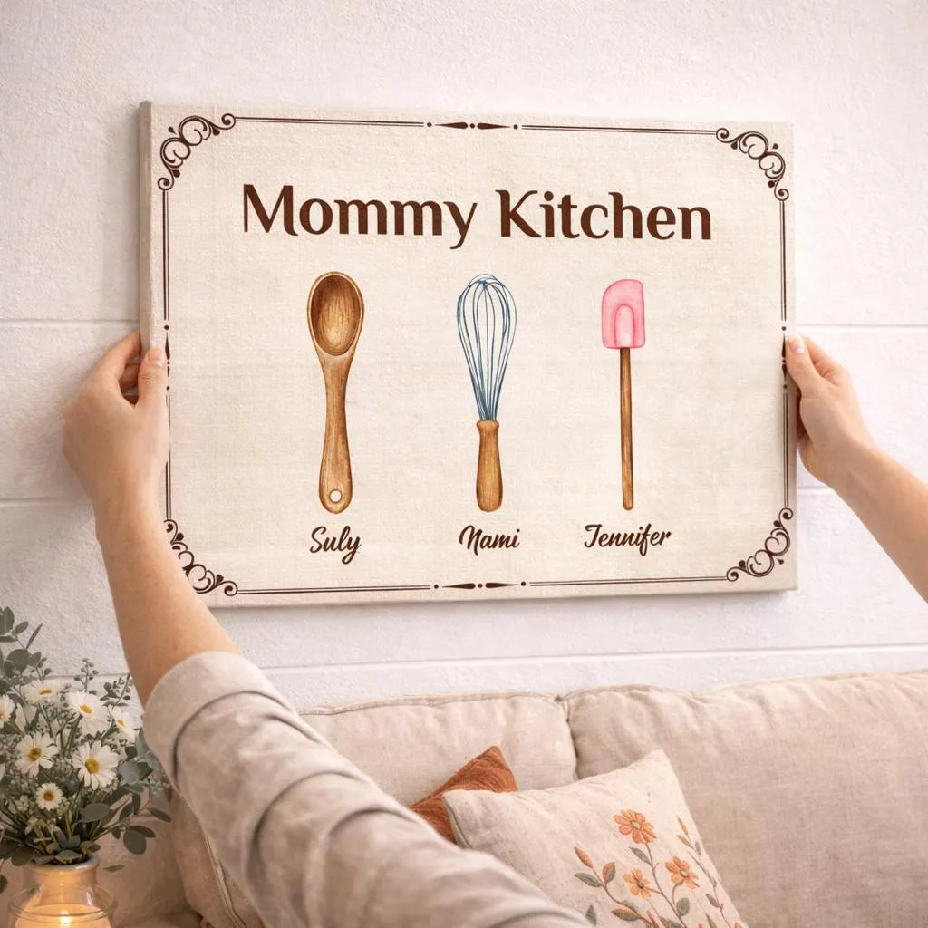 Personalized Mommy Kitchen Canvas, Custom Kids Names Cooking Utensils Wall Art, Mother s Day Gift for Mom, Kitchen Decor Gift