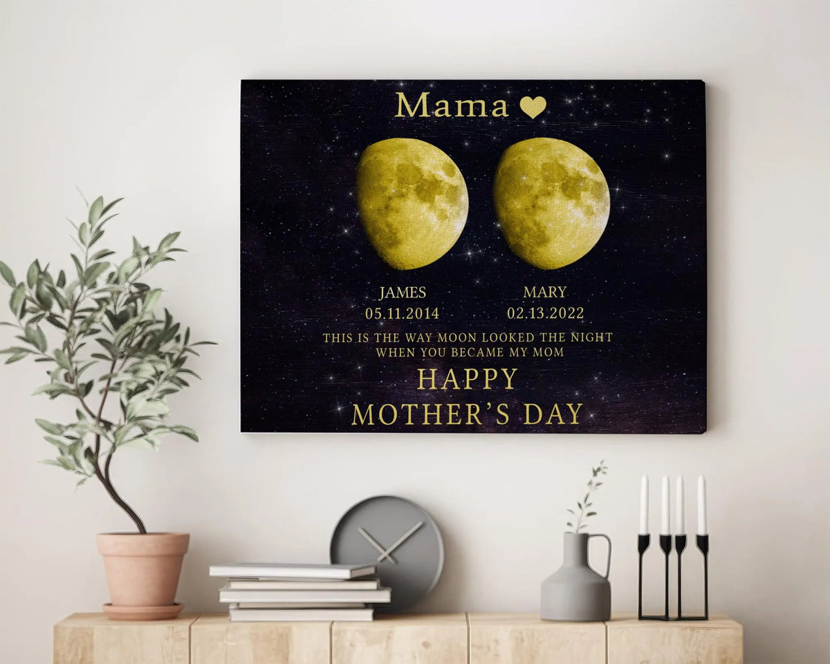 Personalized Moon Phase Canvas for Mom Custom Night Sky with Kids Names & Dates, Unique Gift for Mother's Day, Mom Wall Art Keepsake
