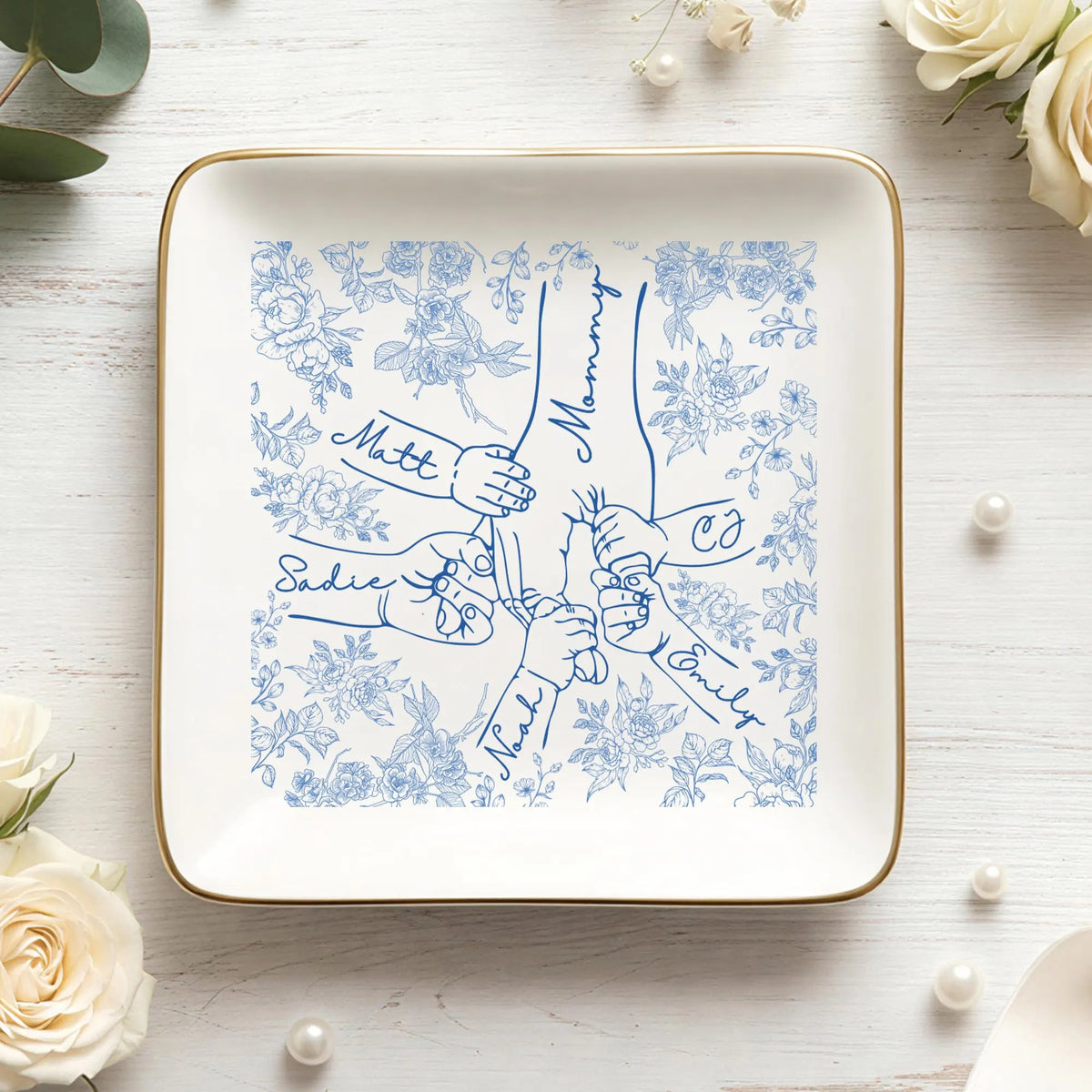 Personalized Holding Mom's Hand Ceramic Jewelry Dish with 1-6 Kids: Chinoiserie Mom Trinket Dish, Mothers Day Gift for Mom, Mama Ring Holder