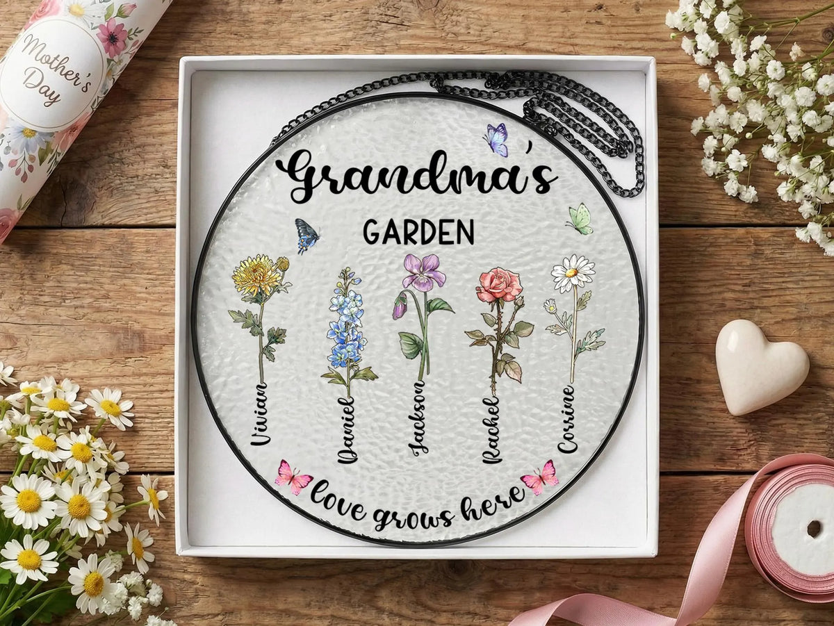 Personalized Grandma s Garden Glass Suncatcher, Custom Birth Flower Grandma Gift, Mothers Day Gift for Grandma