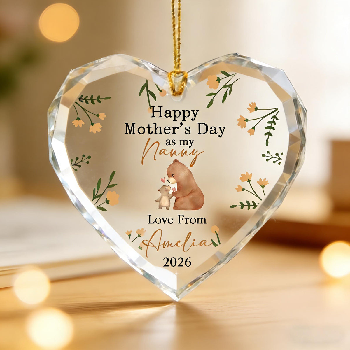 Personalized Nanny Mother's Day Crystal Ornament, Watercolor Bear, Best Gift For Mom