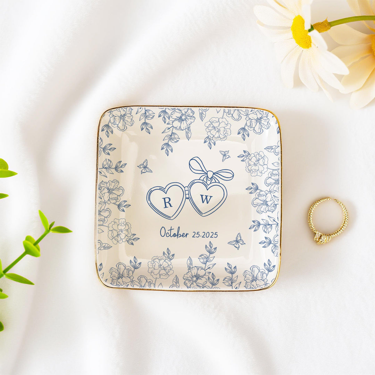 Personalized Locked Ring Dish,Custom Engraved Ceramic Jewelry Holder,Wedding Gift for Couple,Gift for Bride,Engagement or Anniversary Gift