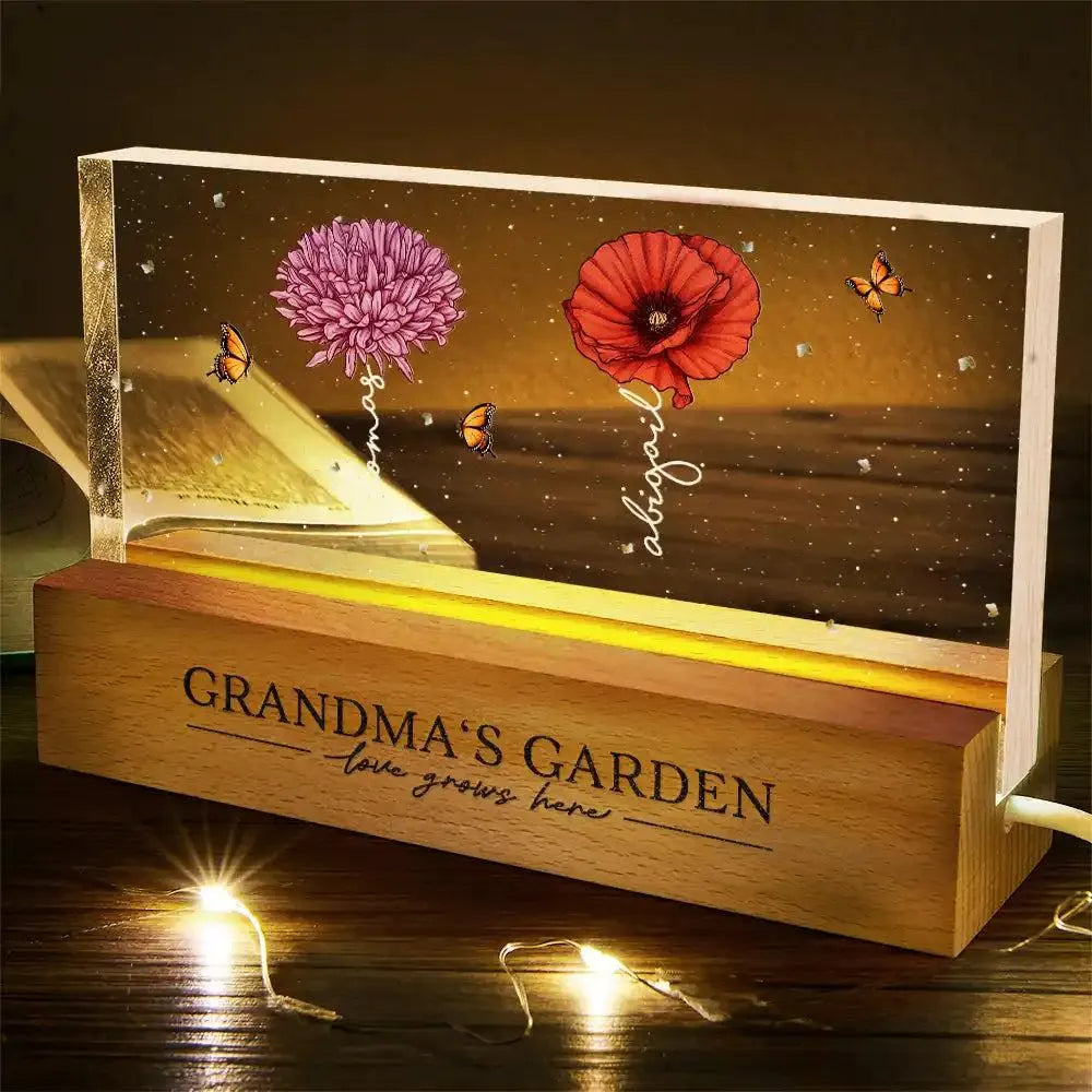Grandma's Garden LED Light - Personalized Birth Month Flower Night Light - Custom Grandkids Names - Acrylic Plaque Mother's Day Nana Gift