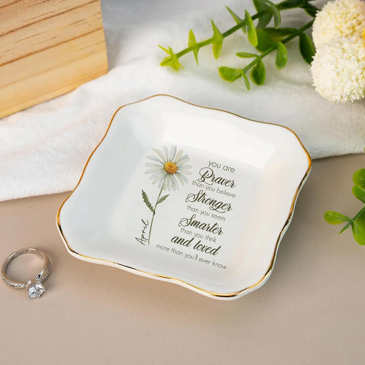 Personalized Trinket Dish Custom Watercolor Flower Ring Dish Birthday Jewelry Dish Mothers Day Gift For Mom For Grandma For Nana