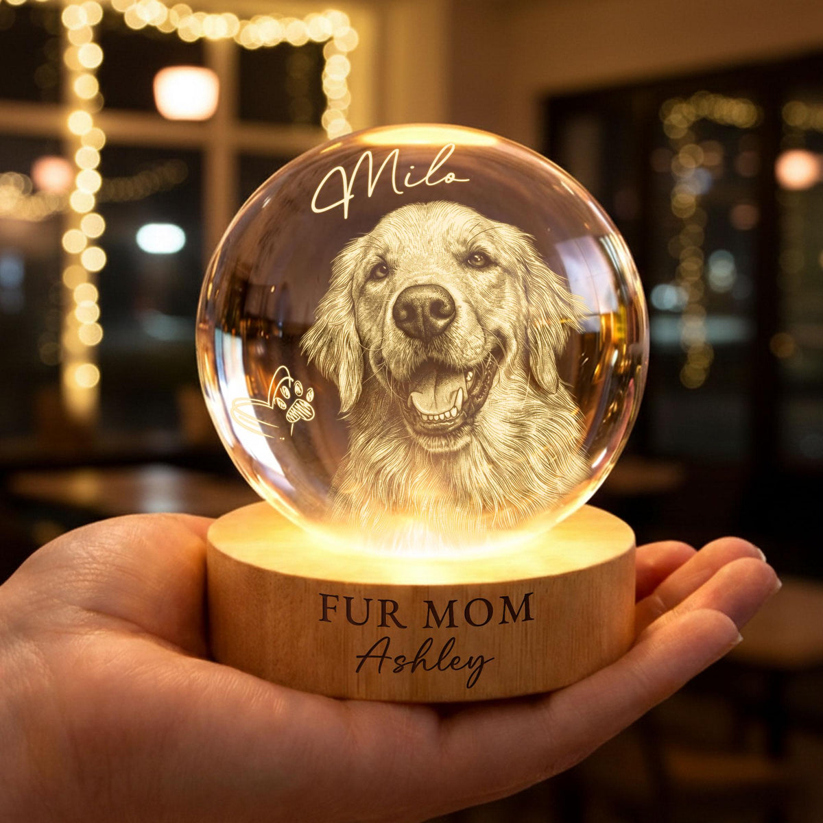 Personalized Dog Mom/Cat Mom Crystall Ball LED Light Lamp, Pet Portrait Gift For Cat Dog Lovers, Pet Mum Remembrance Gifts