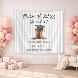 Western Graduation Banner 2026, Cowboy Boots Party Tapestry, Class of 2026 Congrats Grad Sign, Personalized Graduation Party Backdrop
