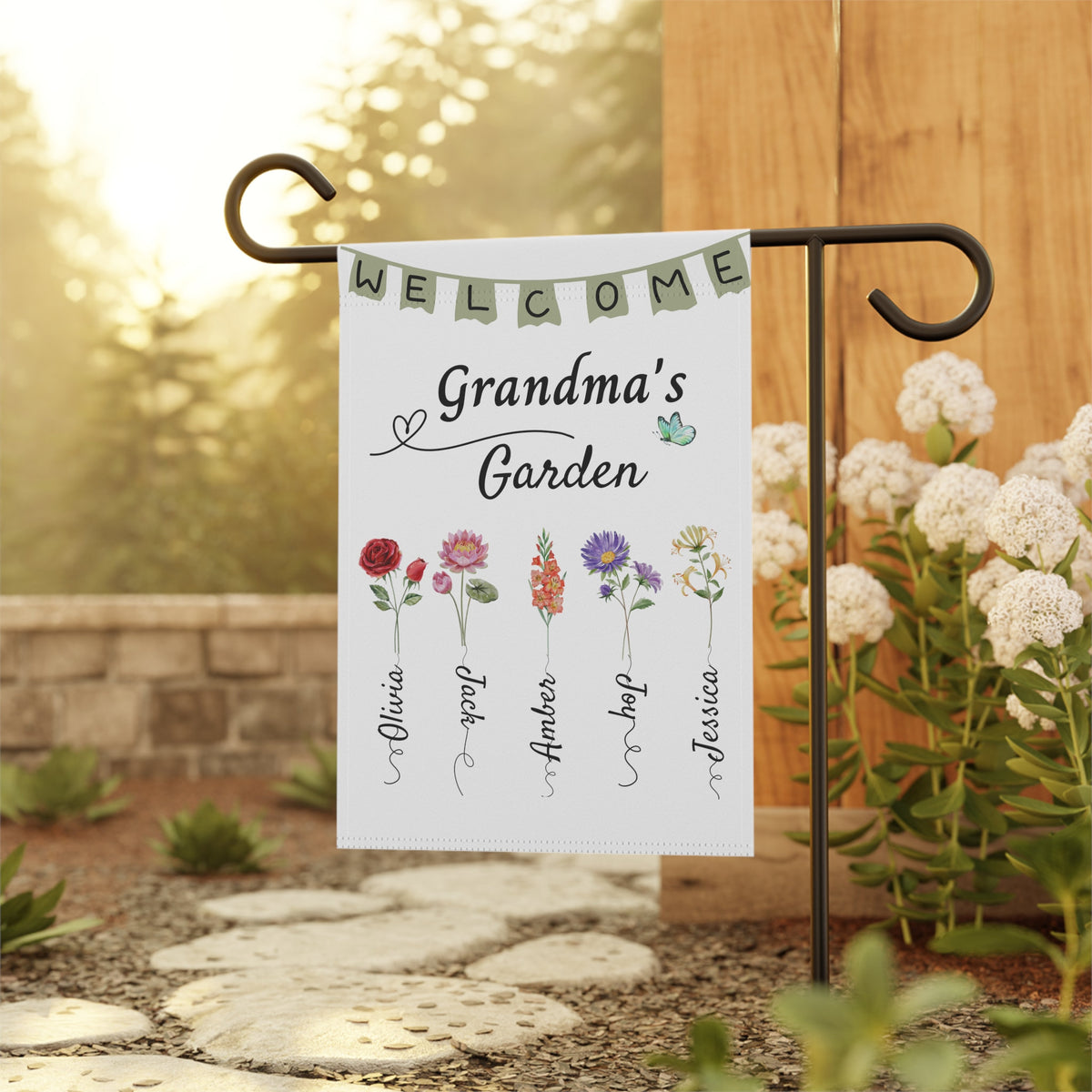 Personalized Welcome To Grandma's Garden Flag BirthDay Gift For Grandmother Custom Grandkids Name Mimi Granny Birthday Garden Sign banner