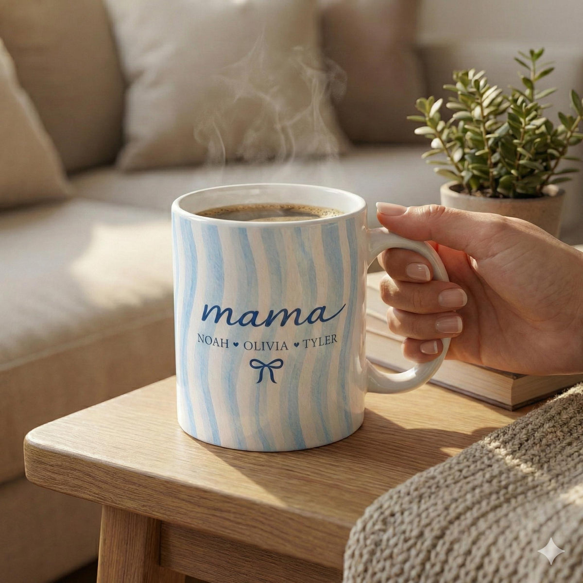 Custom Mom Name Ceramic Mug with Kids Names: Personalized Family Blue Striped Drinkware