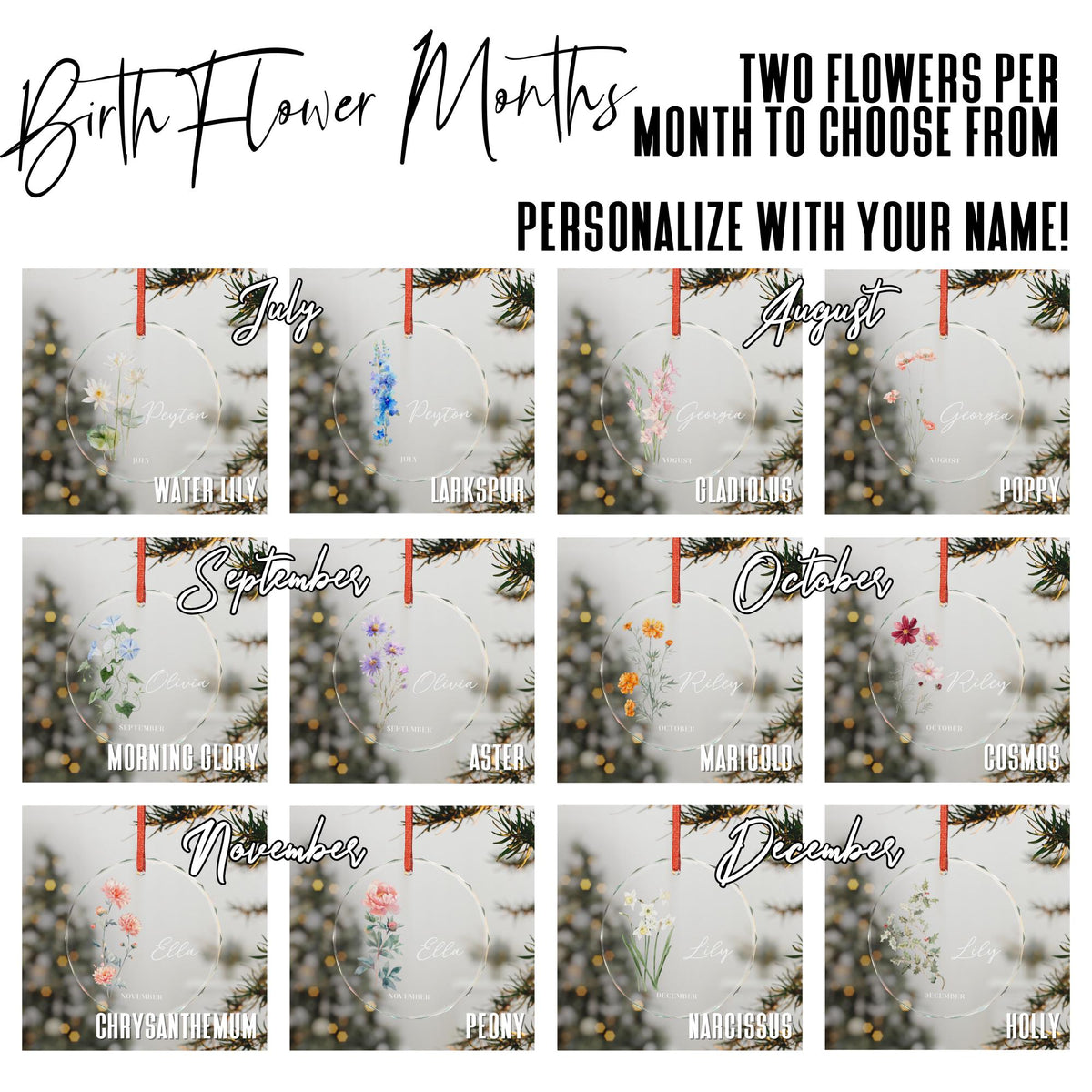Personalized Birth Month Flower Glass Ornament: Custom Holiday Keepsake with Name