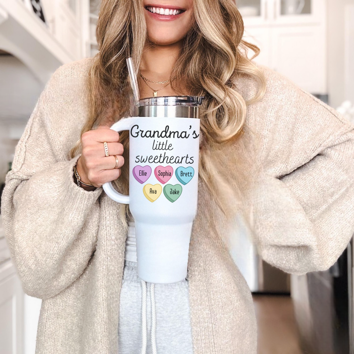 Custom Gift For Grandma, Personalized With Grandkids Names, Tumbler with Handle, Gifts for Grandma, Mother's Day Gift, Travel Mug Cup 40oz