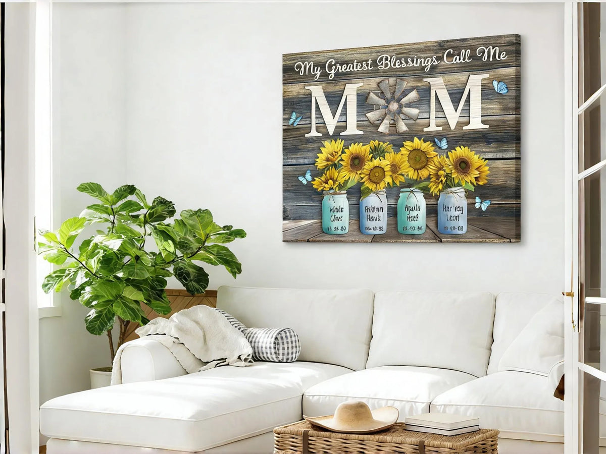 Personalized Mom Canvas Wall Art, Custom Sunflower Family Names, Meaningful Home Decor Gift