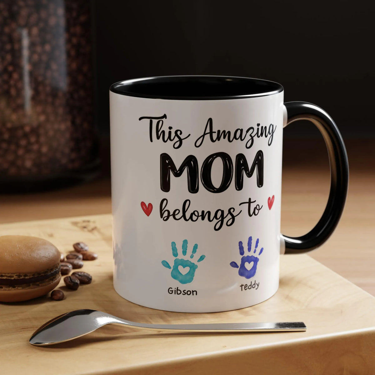 This Amazing Mom Belongs To Mug. Personalized Mom Coffee Mug Kids' Handprints. Custom Mother's Day Gift.