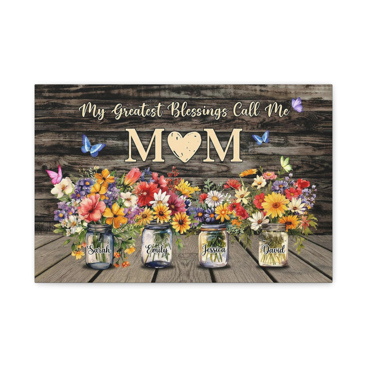 Personalized Mom Canvas with Custom Family Name Floral Art Print, Elegant Botanical Wall Decor Gift for Mother, Unique Family Keepsake Artwork Design