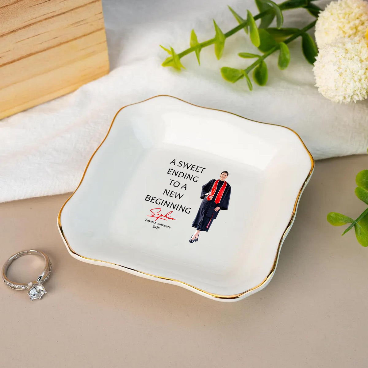 Personalized Graduation Photo Jewelry Dish: Custom Ceramic Trinket Tray Gift for Graduate, College Graduation Keepsake, Class of 2026 Ring