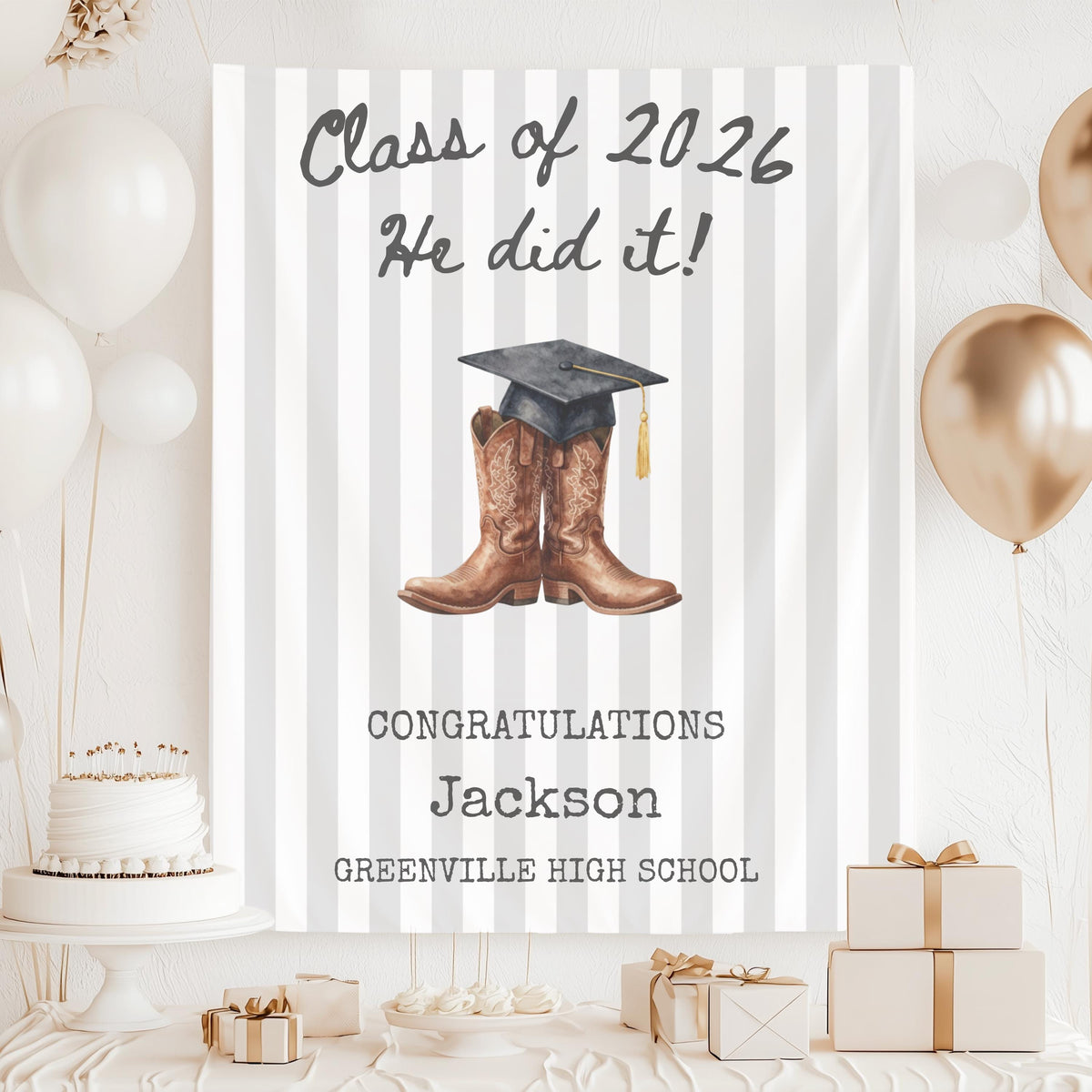 Western Graduation Banner 2026, Cowboy Boots Party Tapestry, Class of 2026 Congrats Grad Sign, Personalized Graduation Party Backdrop