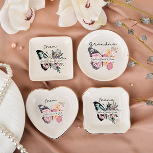 Personalized Ceramic Mom Ring Dish, Butterfly Flower Jewelry Tray, Birthday Wedding Gifts for Her, Mother's Day Gifts for Mom Grandma Nana