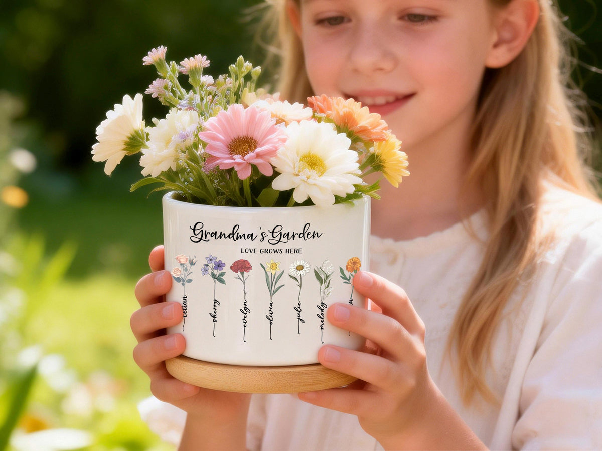 Grandma s Garden Personalized Birth Flower Pot, Custom Names Planter for Nana, Mother s Day Gift from Daughter, Family Birth Month Flowers