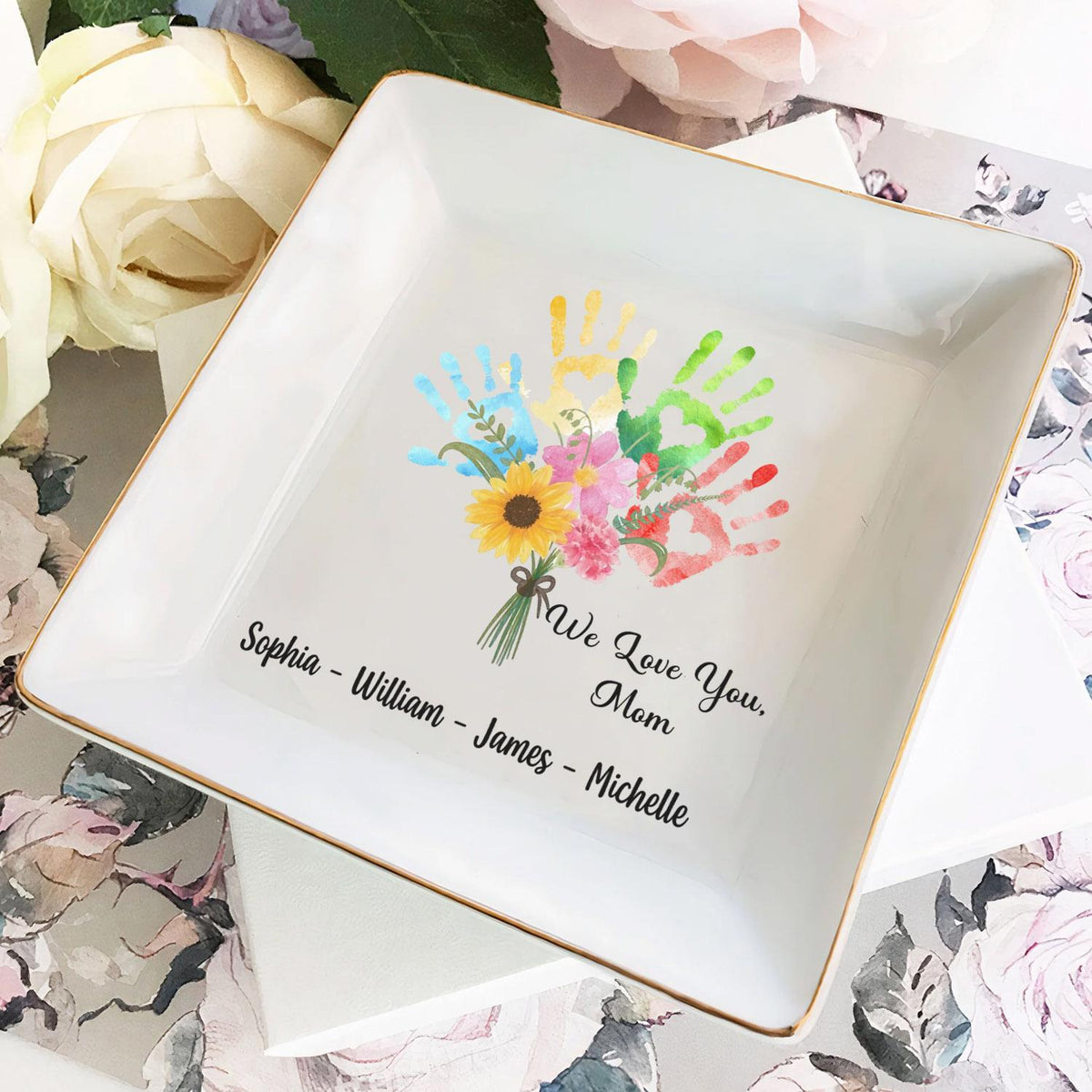 We Love You Mom Hand Prints Bouquet - Personalized Jewelry Dish, Mother's Day Gift for Mom/Grandma, Wedding Favor Gifts For Mom