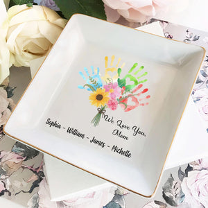 We Love You Mom Hand Prints Bouquet - Personalized Jewelry Dish, Mother's Day Gift for Mom/Grandma, Wedding Favor Gifts For Mom