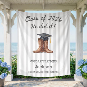 Western Graduation Banner 2026, Cowboy Boots Party Tapestry, Class of 2026 Congrats Grad Sign, Personalized Graduation Party Backdrop