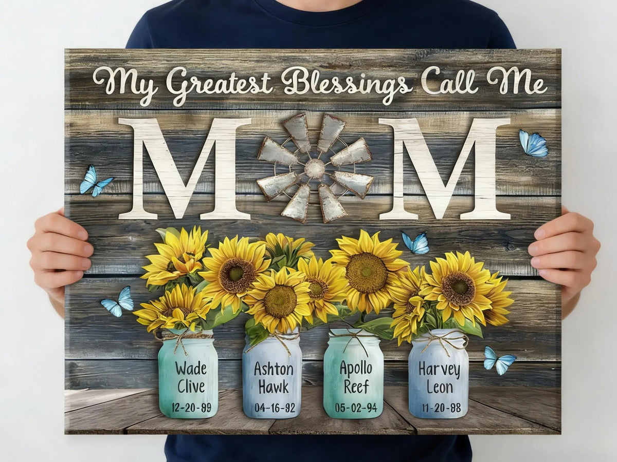 Personalized Mom Canvas Wall Art, Custom Sunflower Family Names, Meaningful Home Decor Gift