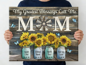 Personalized Mom Canvas Wall Art, Custom Sunflower Family Names, Meaningful Home Decor Gift