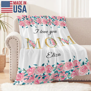 Mom Personalized Flannel Blanket, Custom Name Mom Blanket, Mother s Day Gift for Mom, Cozy Floral Blanket, Birthday Gift for Mom from Kids