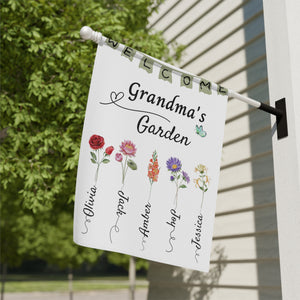 Personalized Welcome To Grandma's Garden Flag BirthDay Gift For Grandmother Custom Grandkids Name Mimi Granny Birthday Garden Sign banner