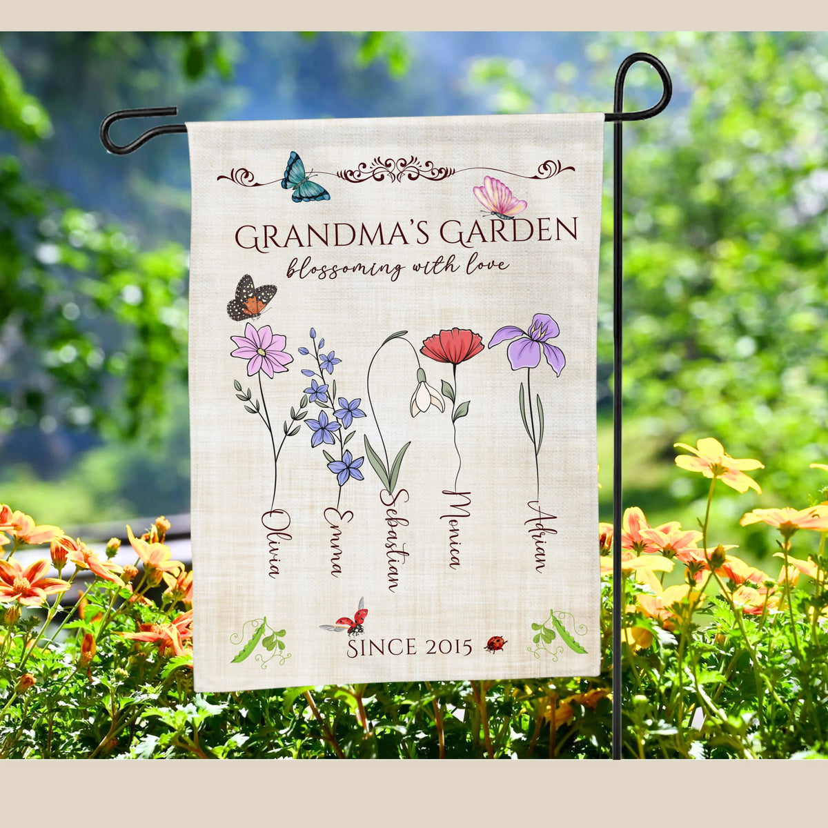 Personalized Grandma's Garden Flag Custom Floral Name Mother's Day Gift Nana's Decor