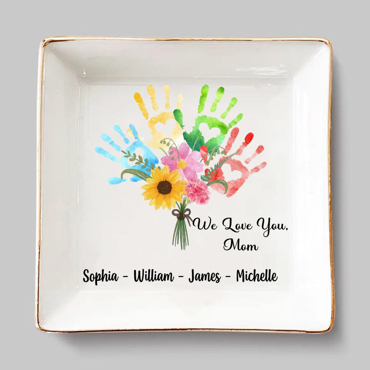 We Love You Mom Hand Prints Bouquet - Personalized Jewelry Dish, Mother's Day Gift for Mom/Grandma, Wedding Favor Gifts For Mom