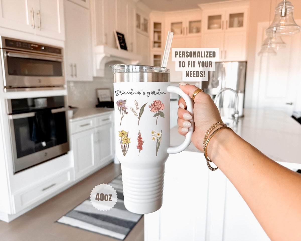Custom Birth Month Flower 40oz Tumbler, Personalized Gift for Mom, Unique Floral Design with Name, Birthday Keepsake Cup Stylish Insulated Drinkware
