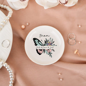 Personalized Ceramic Mom Ring Dish, Butterfly Flower Jewelry Tray, Birthday Wedding Gifts for Her, Mother's Day Gifts for Mom Grandma Nana