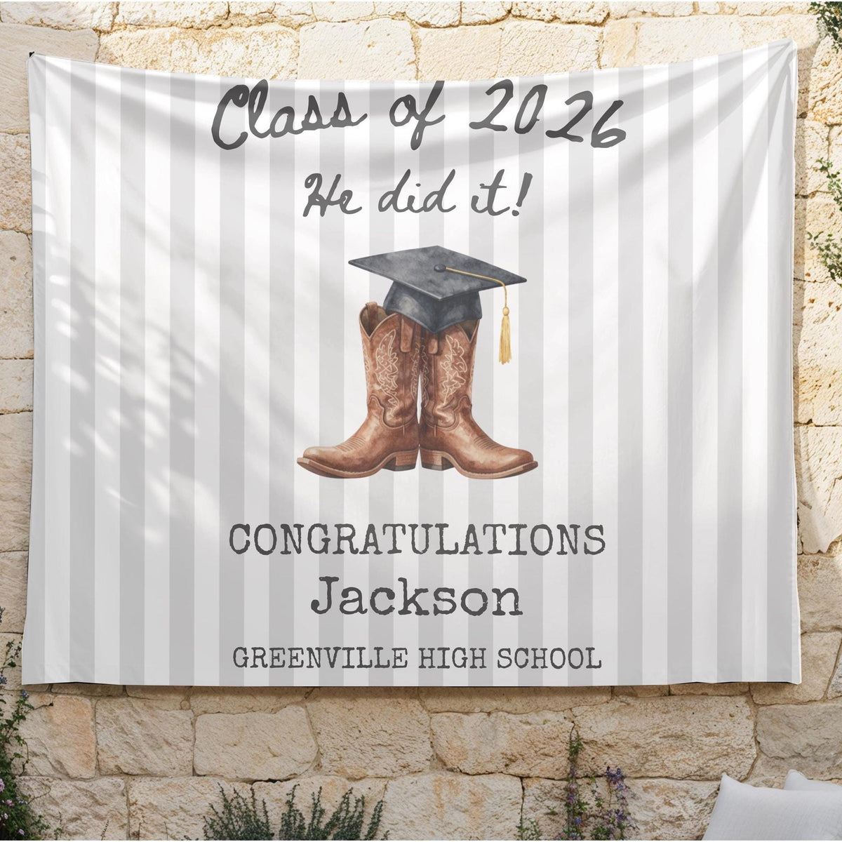 Western Graduation Banner 2026, Cowboy Boots Party Tapestry, Class of 2026 Congrats Grad Sign, Personalized Graduation Party Backdrop