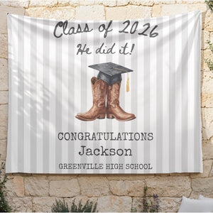 Western Graduation Banner 2026, Cowboy Boots Party Tapestry, Class of 2026 Congrats Grad Sign, Personalized Graduation Party Backdrop