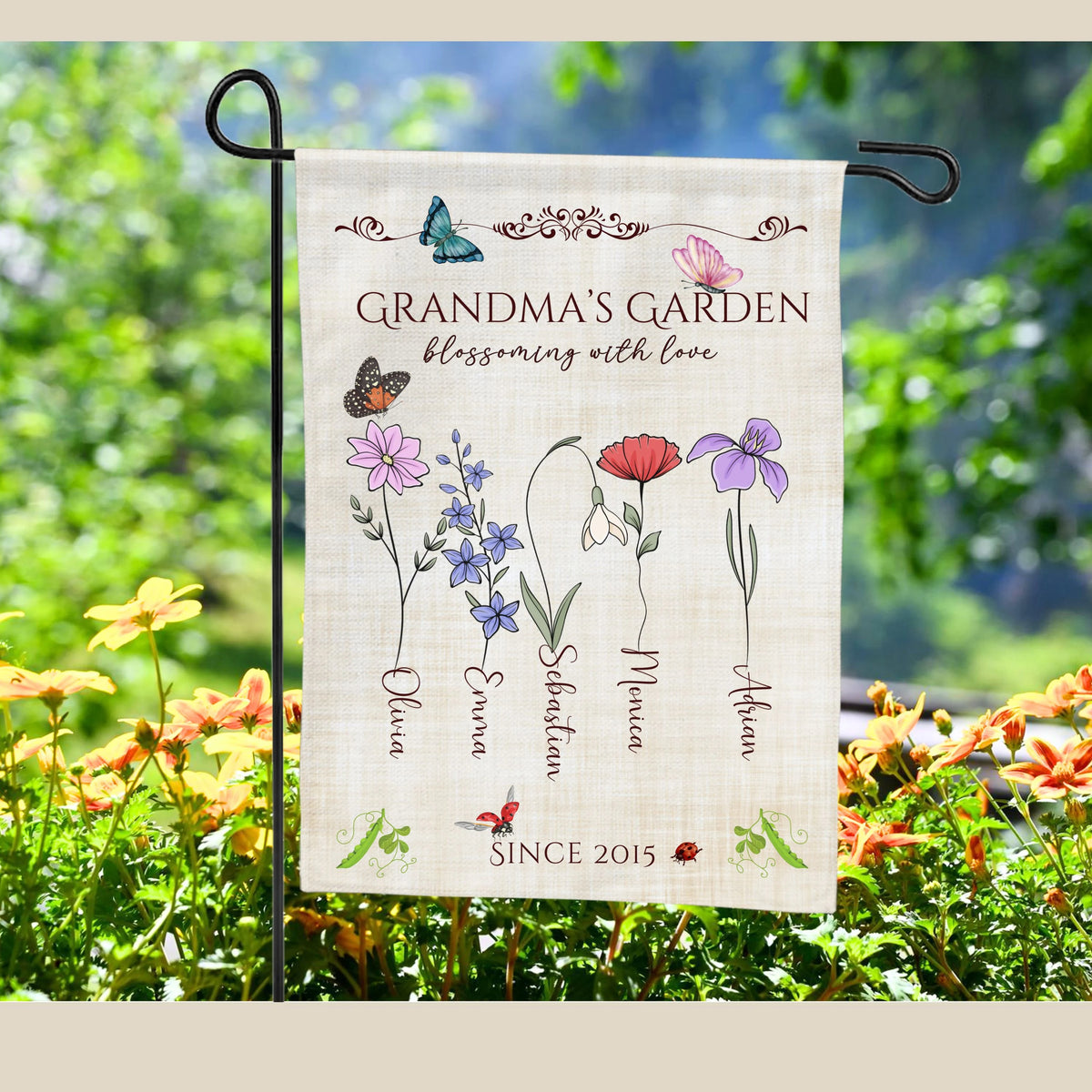 Personalized Grandma's Garden Flag Custom Floral Name Mother's Day Gift Nana's Decor