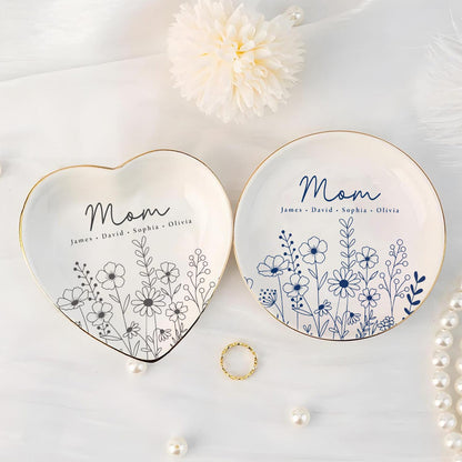 Custom Ring Dish for Mom Grandma with Kids Name, Grandma Trinket Dish, Wildflower Jewelry Tray, Birthday Mothers Day Gift for Mom or Grandma