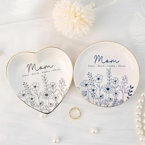 Custom Ring Dish for Mom Grandma with Kids Name, Grandma Trinket Dish, Wildflower Jewelry Tray, Birthday Mothers Day Gift for Mom or Grandma