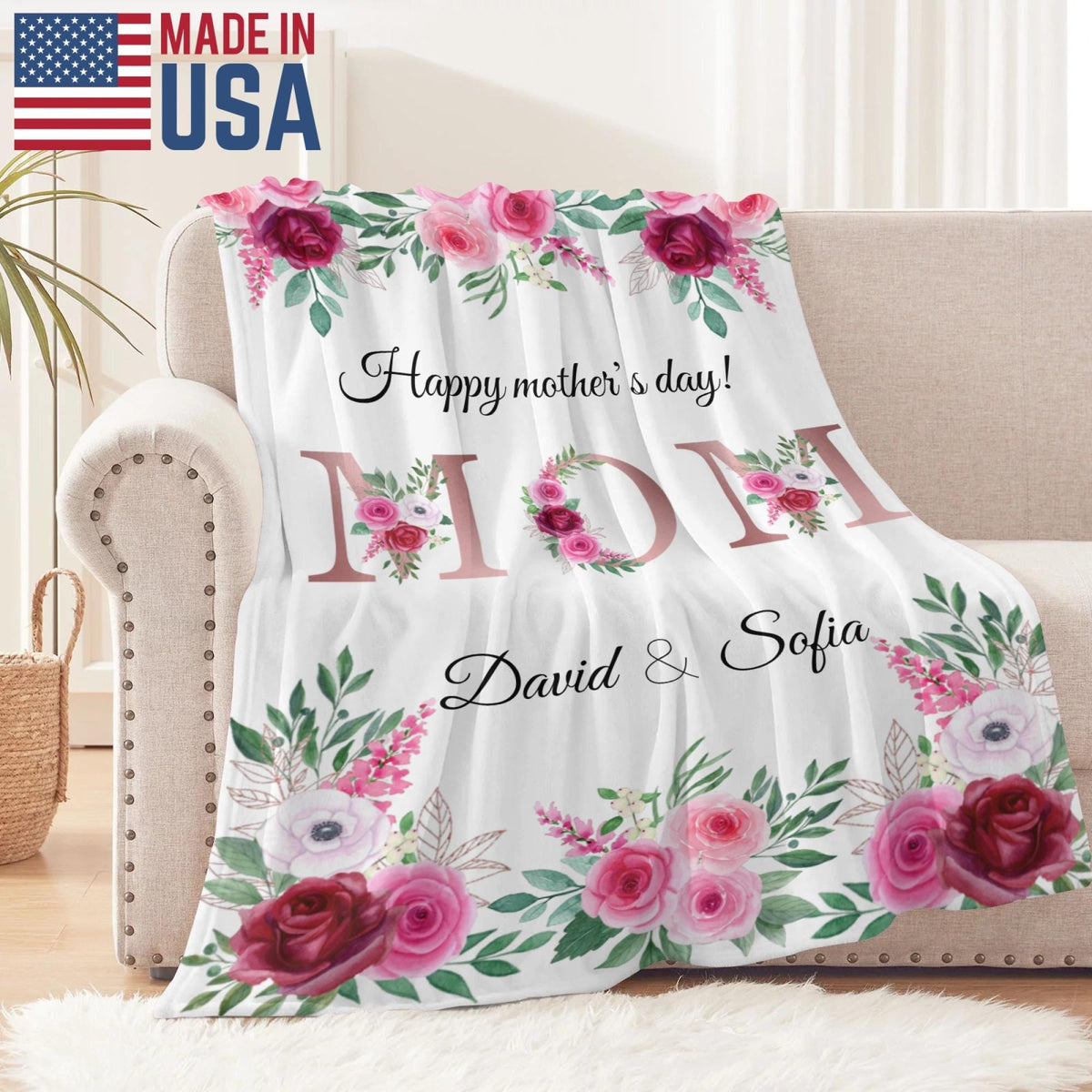 Mom Personalized Flannel Blanket, Custom Name Mom Blanket, Mother s Day Gift for Mom, Cozy Floral Blanket, Birthday Gift for Mom from Kids
