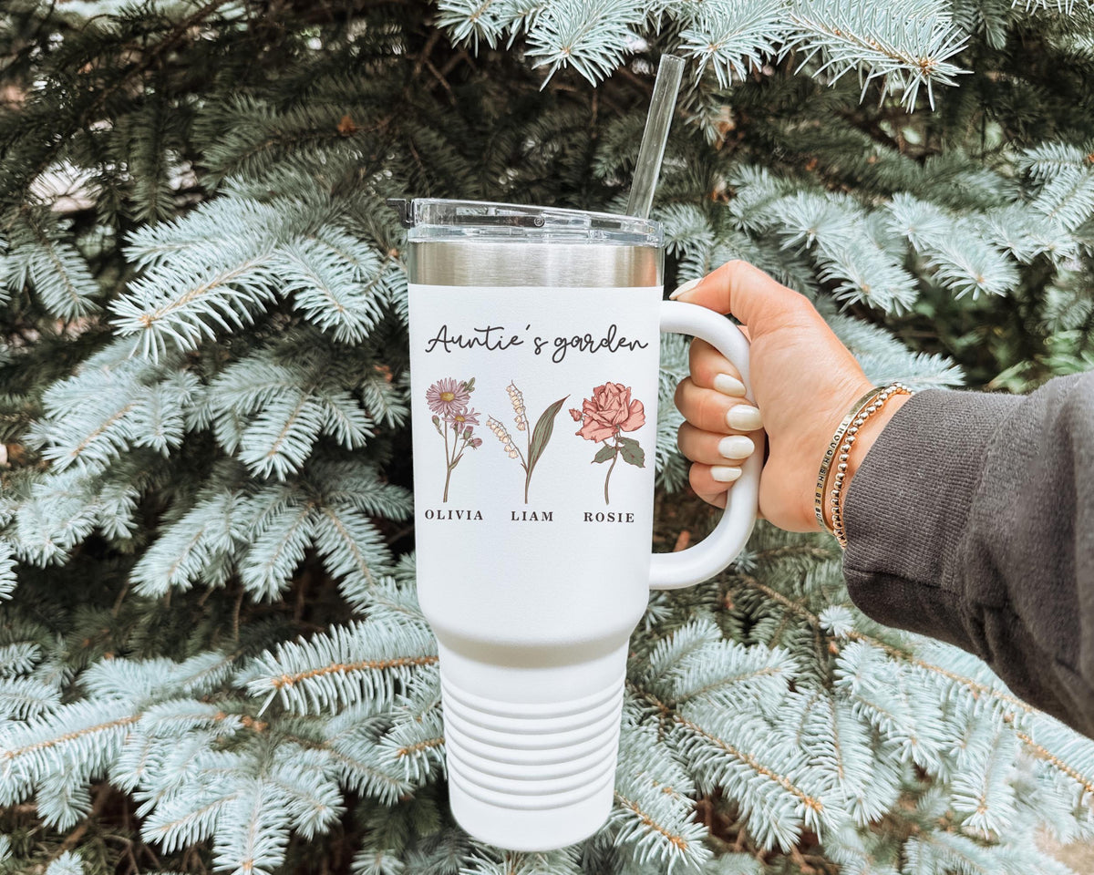 Custom Birth Month Flower 40oz Tumbler, Personalized Gift for Mom, Unique Floral Design with Name, Birthday Keepsake Cup Stylish Insulated Drinkware
