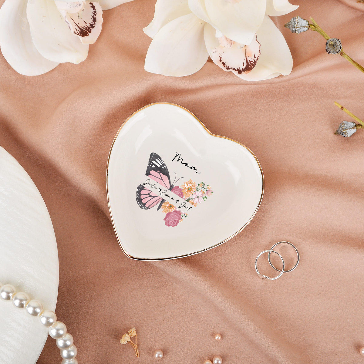 Personalized Ceramic Mom Ring Dish, Butterfly Flower Jewelry Tray, Birthday Wedding Gifts for Her, Mother's Day Gifts for Mom Grandma Nana