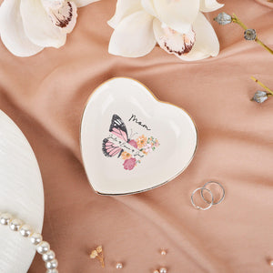 Personalized Ceramic Mom Ring Dish, Butterfly Flower Jewelry Tray, Birthday Wedding Gifts for Her, Mother's Day Gifts for Mom Grandma Nana