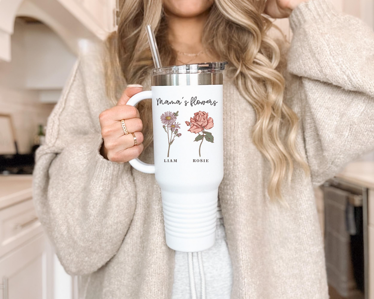 Custom Birth Month Flower 40oz Tumbler, Personalized Gift for Mom, Unique Floral Design with Name, Birthday Keepsake Cup Stylish Insulated Drinkware