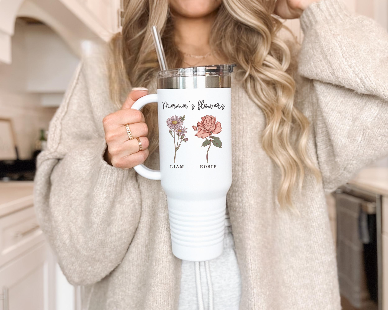 Custom Birth Month Flower 40oz Tumbler, Personalized Gift for Mom, Unique Floral Design with Name, Birthday Keepsake Cup Stylish Insulated Drinkware