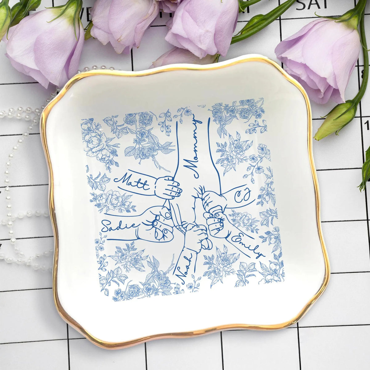 Personalized Holding Mom's Hand Ceramic Jewelry Dish with 1-6 Kids: Chinoiserie Mom Trinket Dish, Mothers Day Gift for Mom, Mama Ring Holder