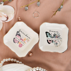 Personalized Ceramic Mom Ring Dish, Butterfly Flower Jewelry Tray, Birthday Wedding Gifts for Her, Mother's Day Gifts for Mom Grandma Nana