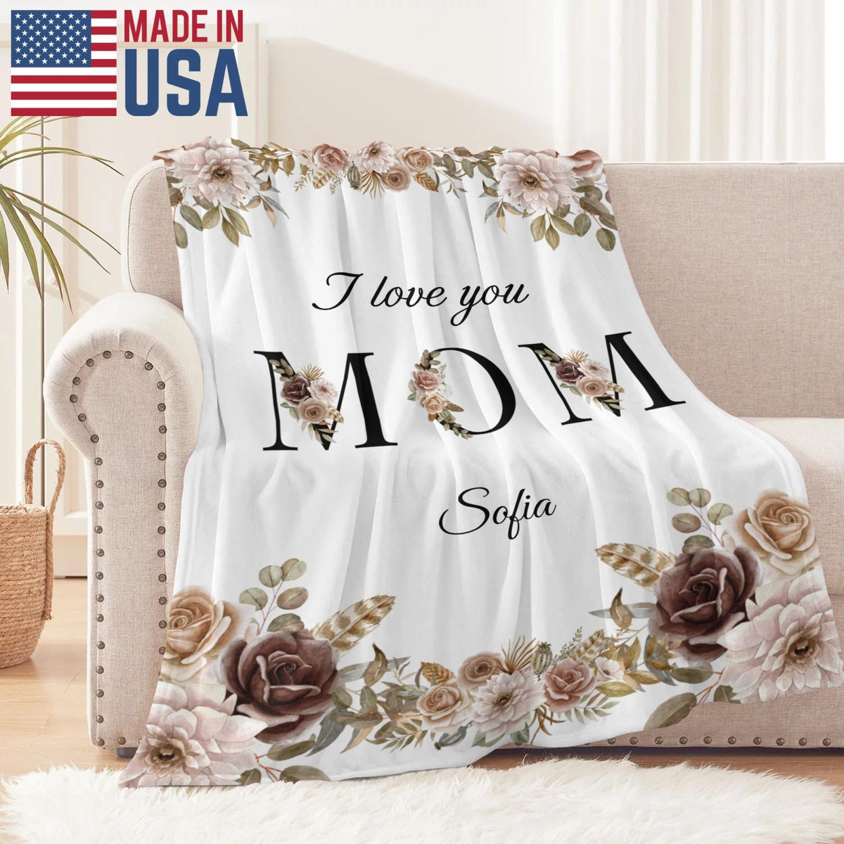 Mom Personalized Flannel Blanket, Custom Name Mom Blanket, Mother s Day Gift for Mom, Cozy Floral Blanket, Birthday Gift for Mom from Kids