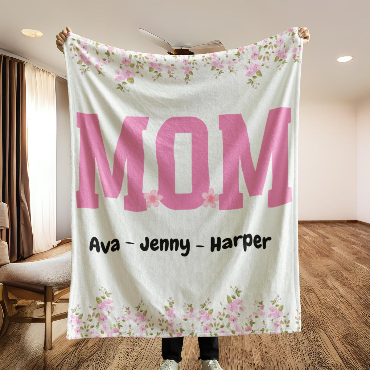 Personalized Floral Mom Blanket With Kids Names, Custom Mother's Throw, Gift For Mother