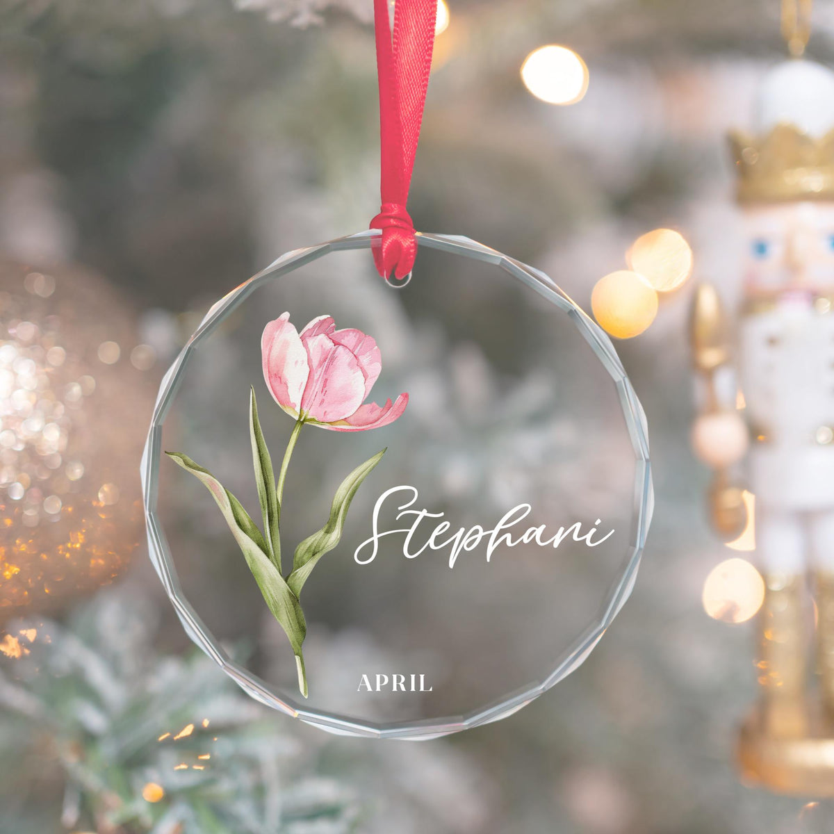 Personalized Birth Month Flower Glass Ornament: Custom Holiday Keepsake with Name
