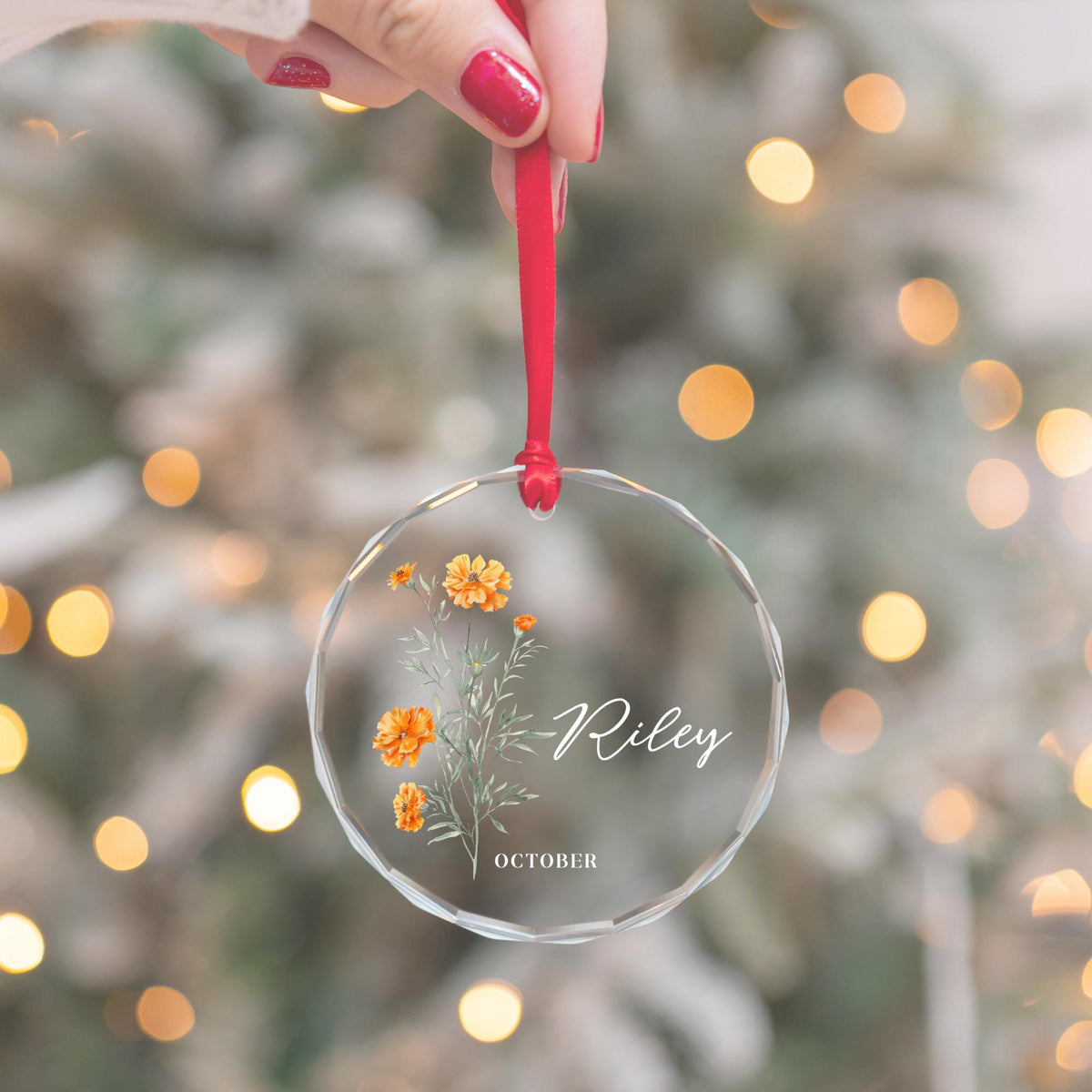 Personalized Birth Month Flower Glass Ornament: Custom Holiday Keepsake with Name